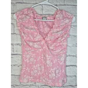 Vintage Y2K Finesse Pink Floral Lace Metallic Ruffle Ruched Top Coquette fairy